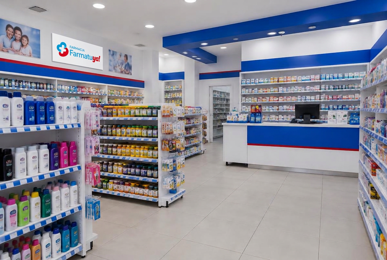 Interior de una farmacia Farmatuya formato Súper